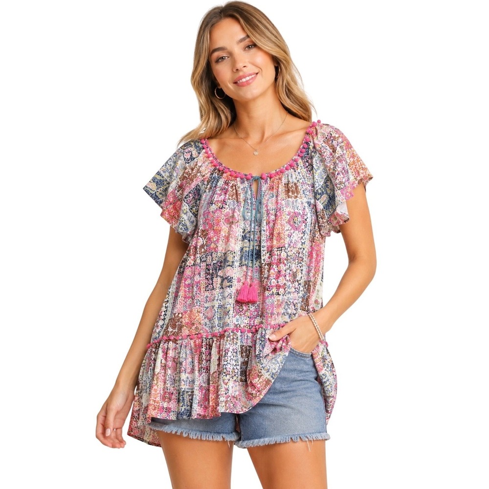 Umgee Pink Multi-Pattern Ruffled Peasant Tunic